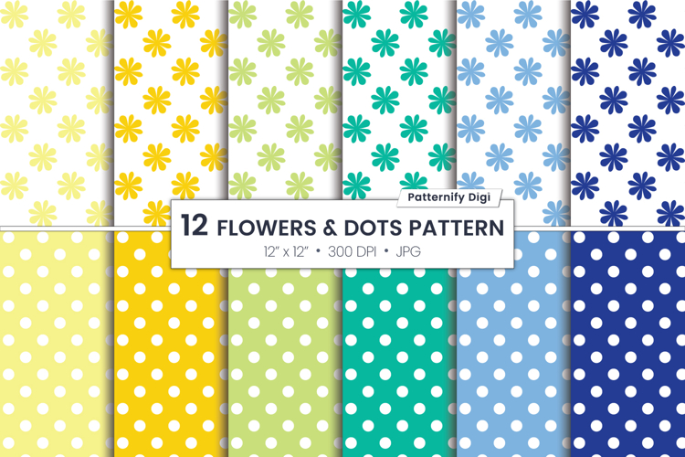 Seamless Polka Dot & Flower Digital Paper Set, 12x12