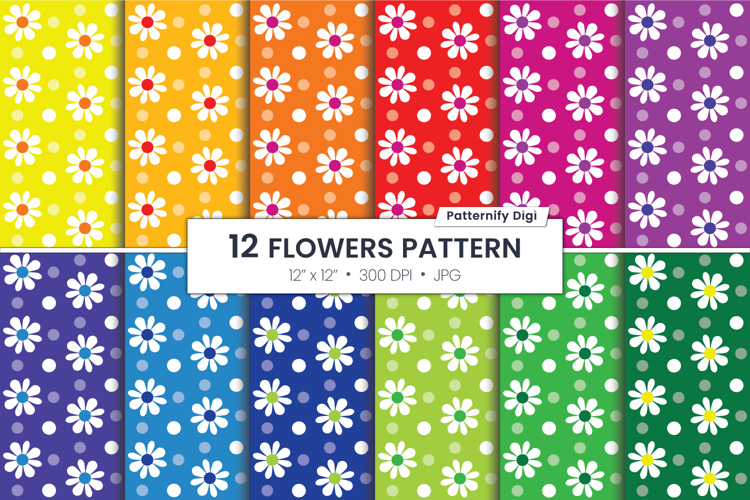 Rainbow Daisy Digital Paper Seamless Floral Pack, 12x12
