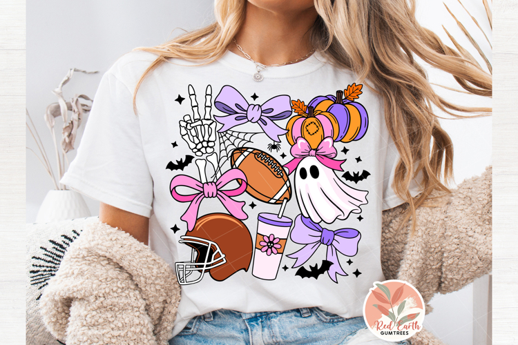 Coquette Halloween Football SVG PNG, Preppy Ghost Bow Fall