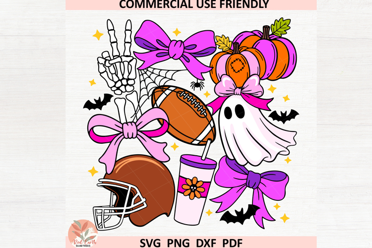 Coquette Halloween Football SVG PNG, Preppy Ghost Bow Fall