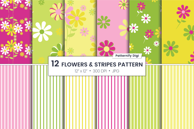 Floral and Striped Digital Backgrounds, Seamless Patterns