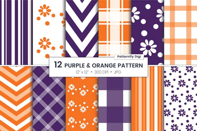 Chevron Floral Digital Paper - Purple & Orange Pattern