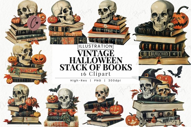 Vintage Skull Book Stack Clipart | Halloween PNG