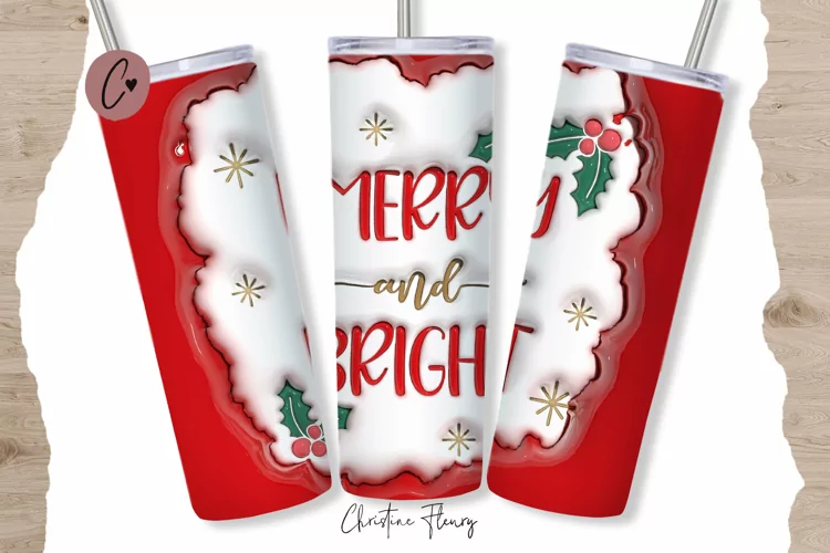 3D Inflated Merry & Bright Tumbler Wrap PNG