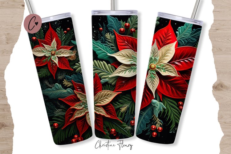3D Embroidered Poinsettias Tumbler Wrap PNG example image 1