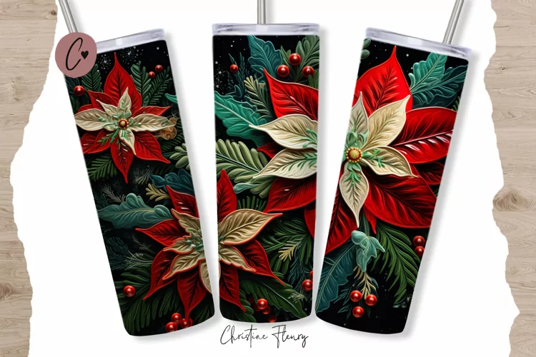 3D Embroidered Poinsettias Tumbler Wrap PNG