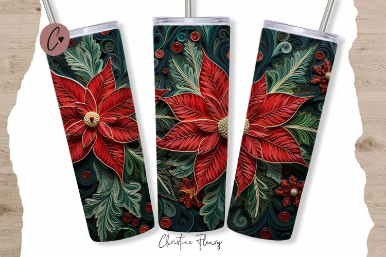 3D Embroidered Poinsettias Tumbler Wrap PNG
