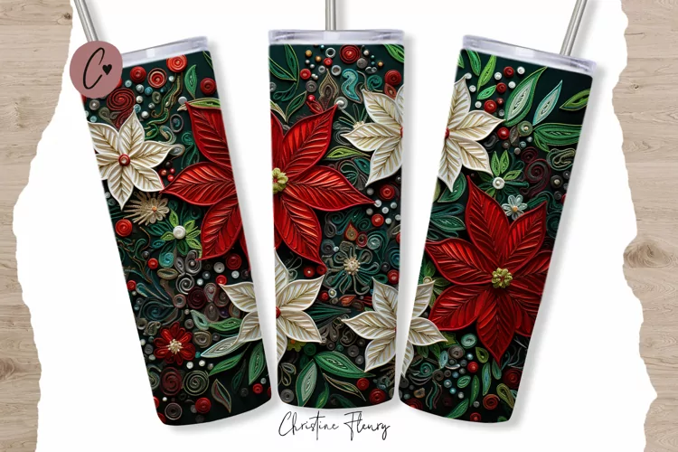 3D Embroidered Poinsettias Tumbler Wrap PNG