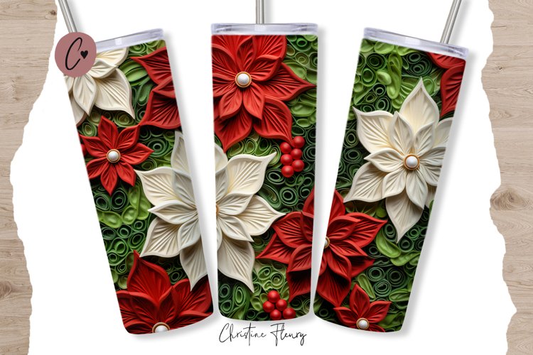 3D Embroidered Christmas Flowers Tumbler Wrap PNG