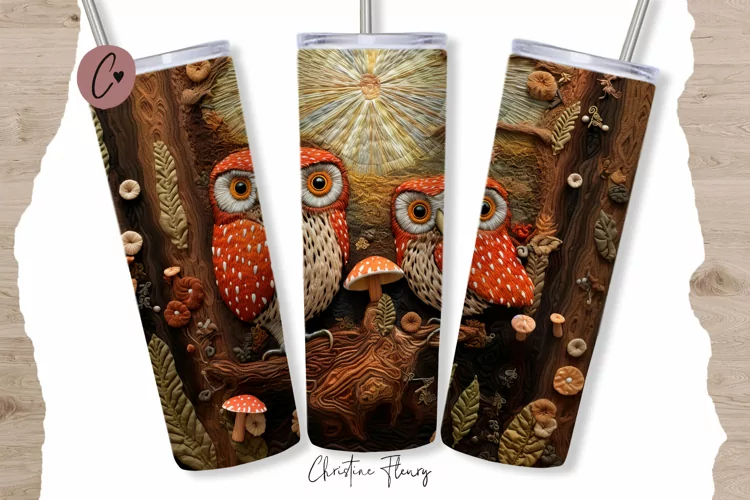3D Embroidered Owls Tumbler Wrap PNG