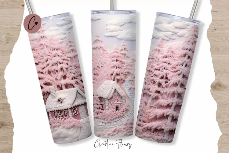 3D Embroidered Pink Winter Tumbler Wrap PNG