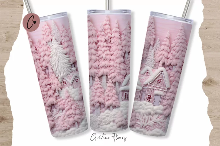 3D Embroidered Pink Winter Tumbler Wrap PNG