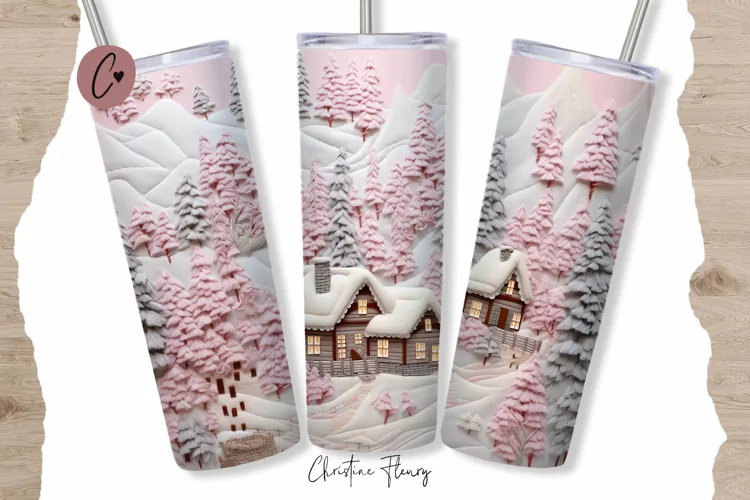 3D Embroidered Pink Winter Tumbler Wrap PNG
