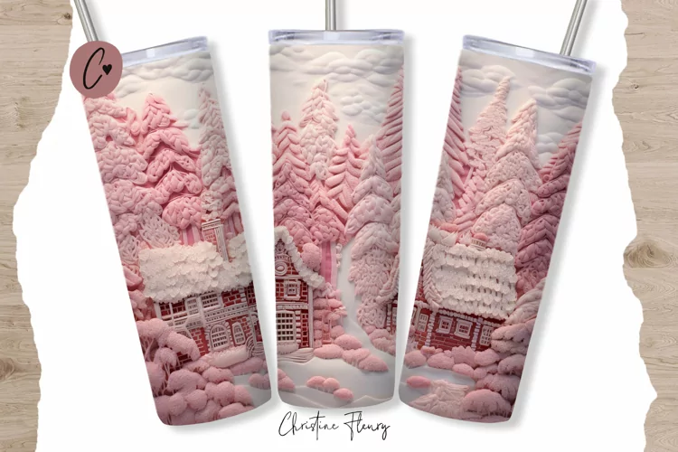 3D Embroidered Pink Winter Tumbler Wrap PNG