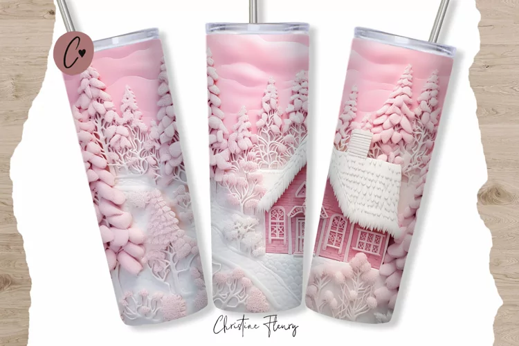 3D Embroidered Pink Winter Tumbler Wrap PNG