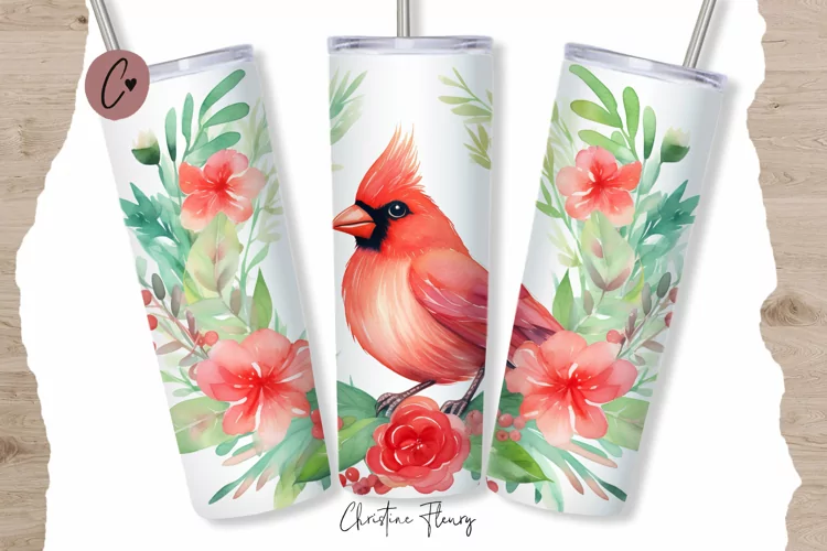 Cute Watercolor Christmas Cardinal Tumbler Wrap PNG