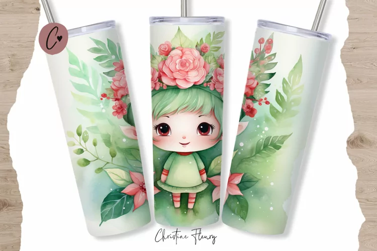 Cute Watercolor Christmas Elf Tumbler Wrap PNG