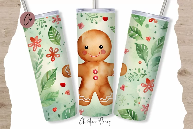 Cute Watercolor Christmas Gingerbread Man Tumbler Wrap PNG