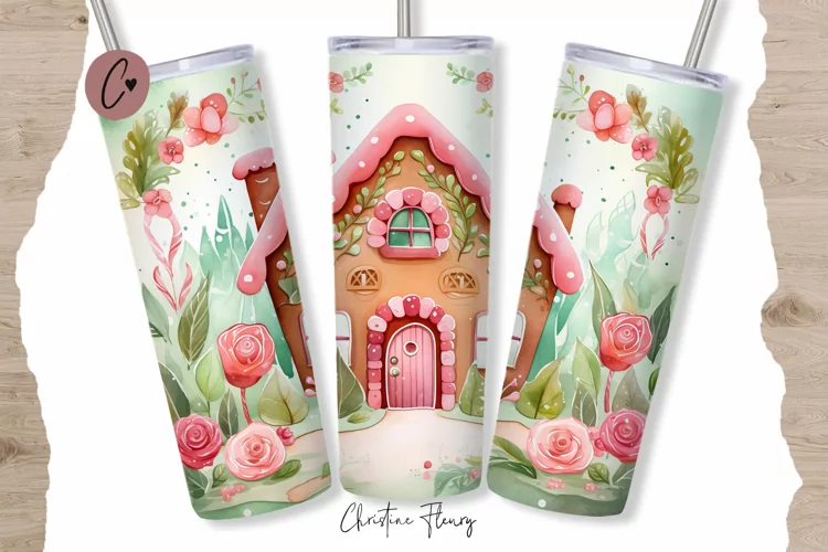 Cute Watercolor Christmas Gingerbread House Tumbler Wrap PNG