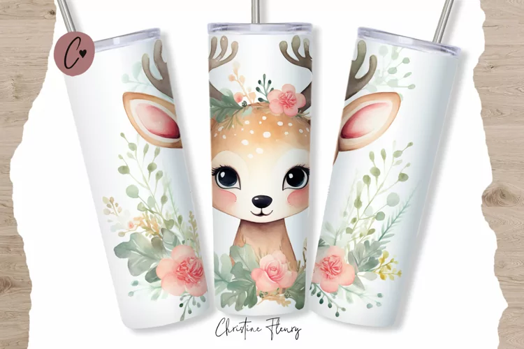 Cute Watercolor Christmas Reindeer Tumbler Wrap PNG