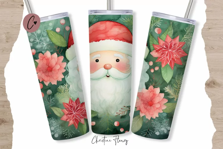 Cute Watercolor Christmas Santa Tumbler Wrap PNG