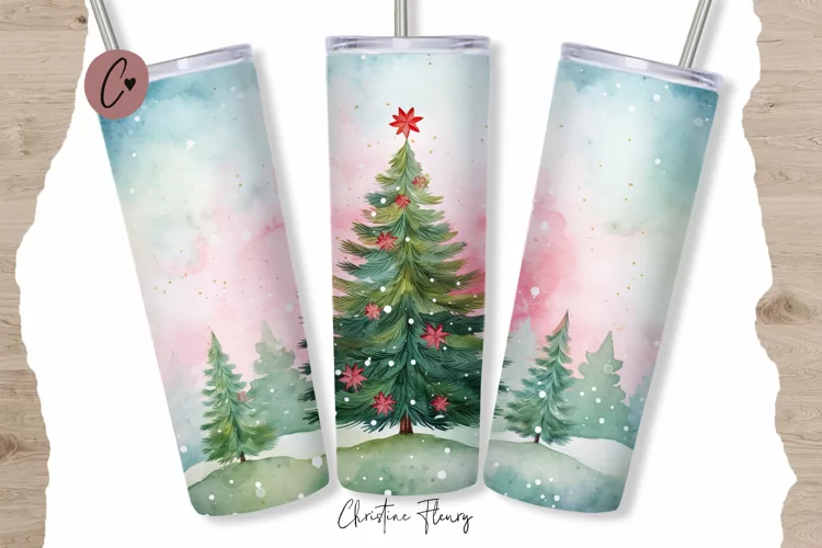 Cute Watercolor Christmas Tree Tumbler Wrap PNG