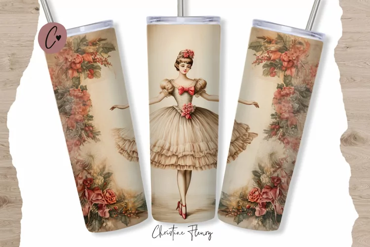 Vintage Watercolor Christmas Ballerina Tumbler Wrap PNG