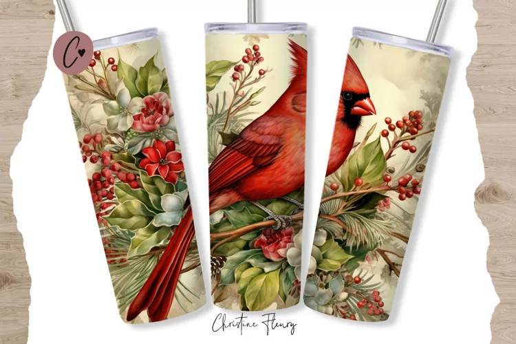 Vintage Watercolor Christmas Cardinal Tumbler Wrap PNG