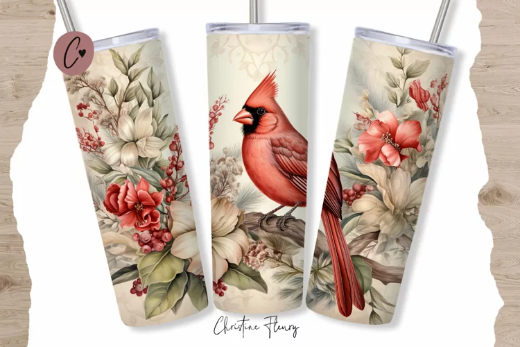 Vintage Watercolor Christmas Cardinal Tumbler Wrap PNG