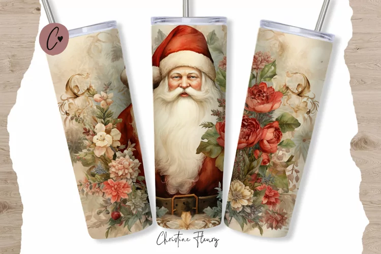 Vintage Watercolor Christmas Santa Clause Tumbler Wrap PNG