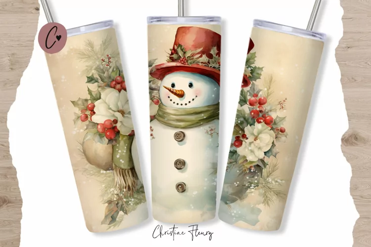 Vintage Watercolor Christmas Snowman Tumbler Wrap PNG