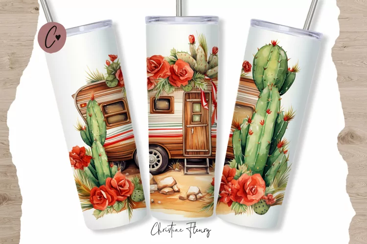 Watercolor Western Camper Van Tumbler Wrap PNG