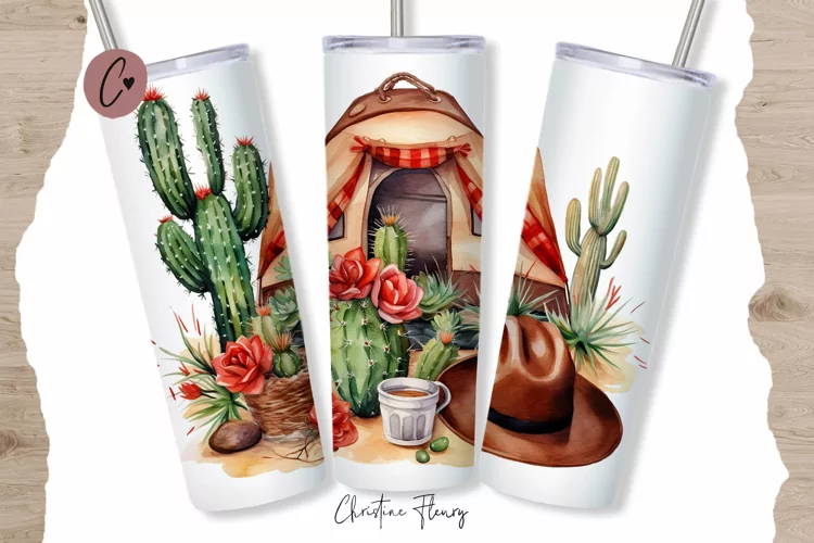 Watercolor Western Camping Tumbler Wrap PNG