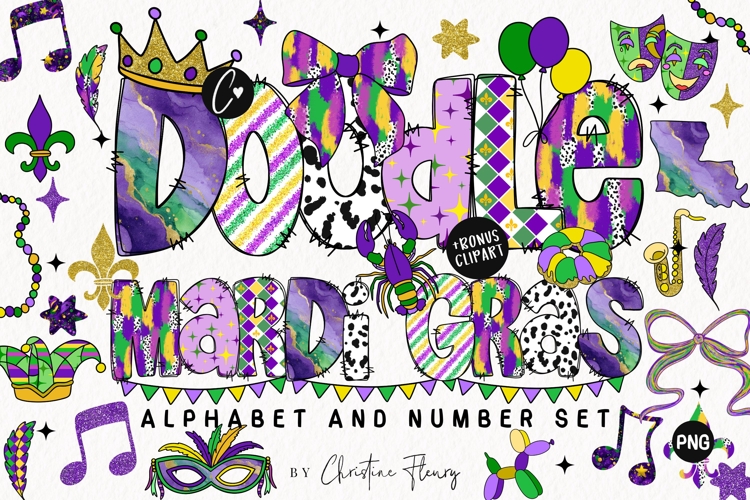 Doodle Mardi Gras Alphabet PNG Bundle BONUS Clipart