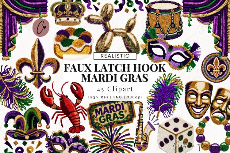 Faux Latch Hook Mardi Gras Clipart Bundle - 45 Elements
