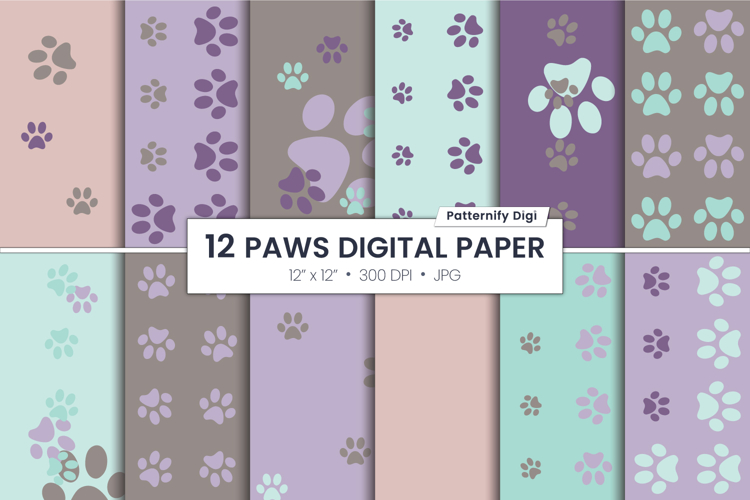 Purple, turquoise and grey paws seamless patterns