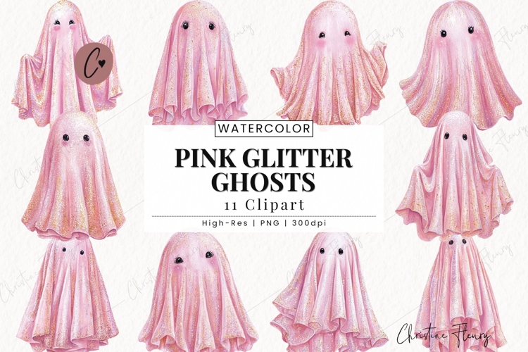Pink Glitter Ghosts Clipart Bundle