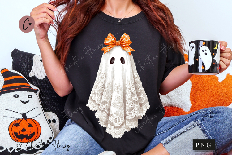Lace Ghost Boo Bow PNG