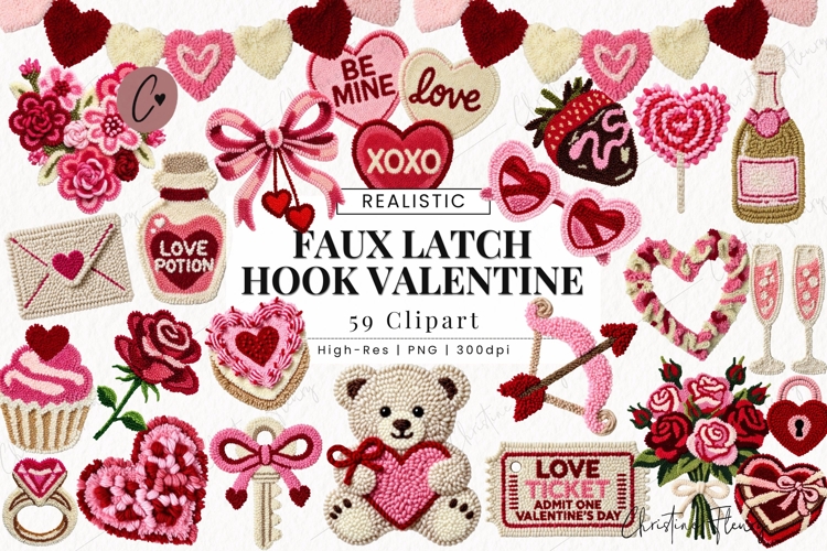 Faux Latch Hook Valentines Clipart Bundle - 59 Elements