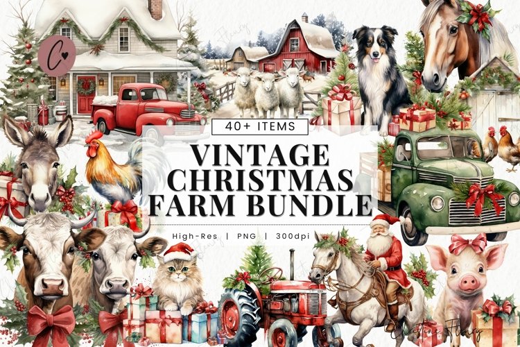 Vintage Christmas Farm Clipart | Christmas PNG example image 1