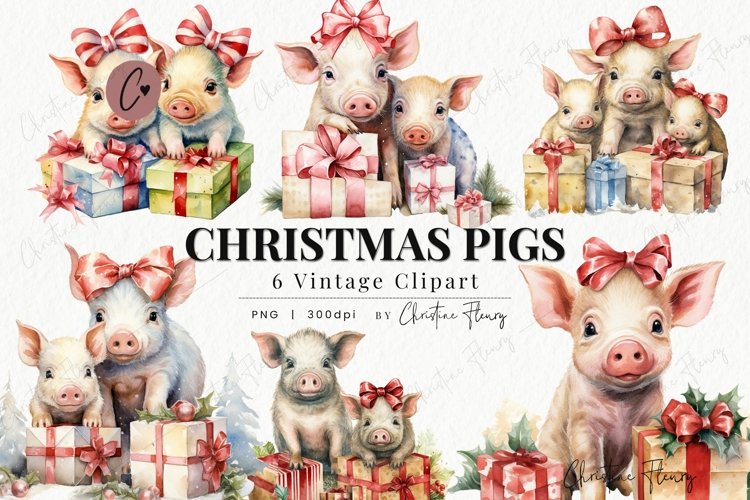 Vintage Christmas Pigs Clipart | Farm PNG example image 1