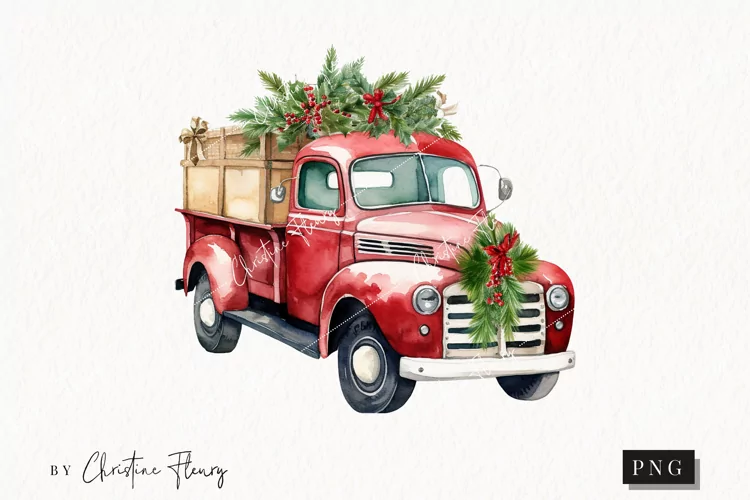 Vintage Red Christmas Truck Clipart | Christmas PNG