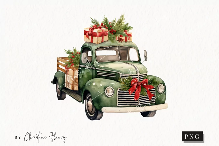 Vintage Green Christmas Truck Clipart | Christmas PNG