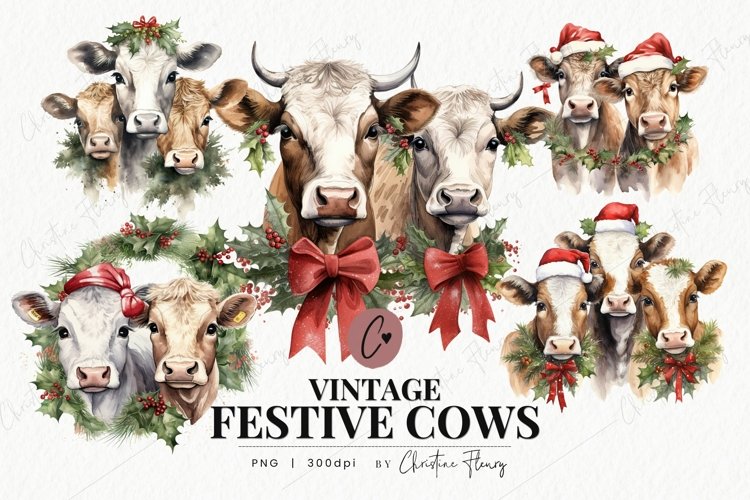 Vintage Festive Cows Clipart | Farm PNG example image 1