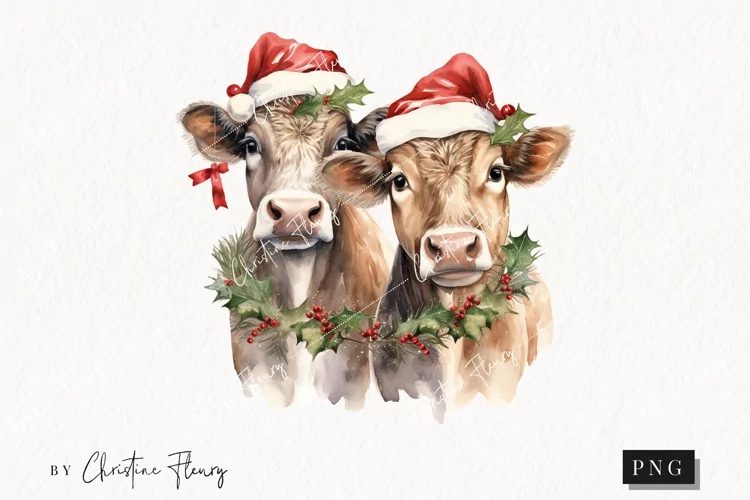 Vintage Festive Cows Clipart | Christmas PNG