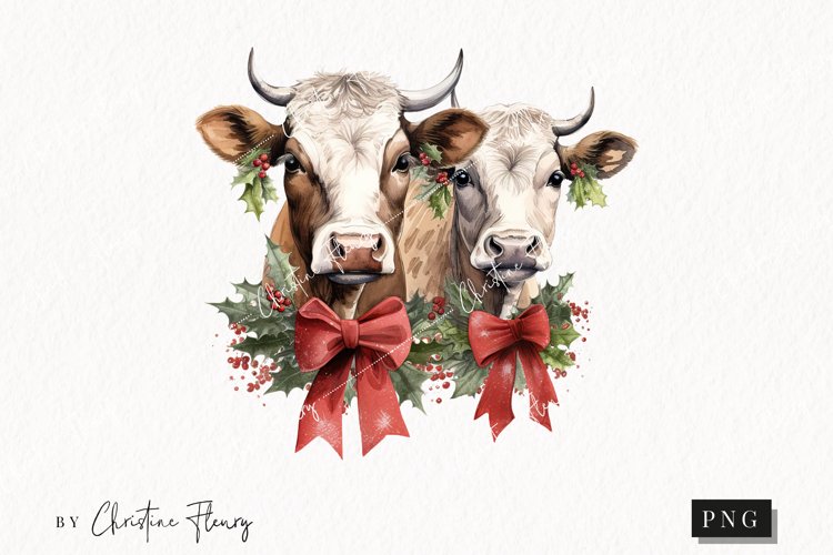 Vintage Festive Cows Clipart | Christmas PNG example image 1