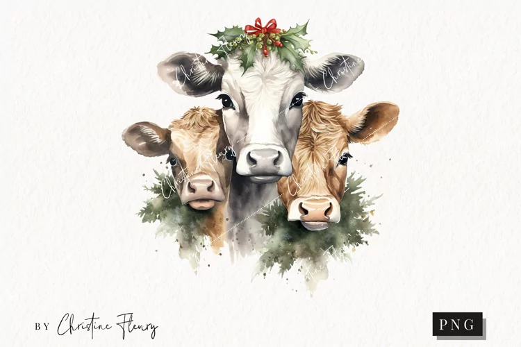 Vintage Festive Cows Clipart | Christmas PNG