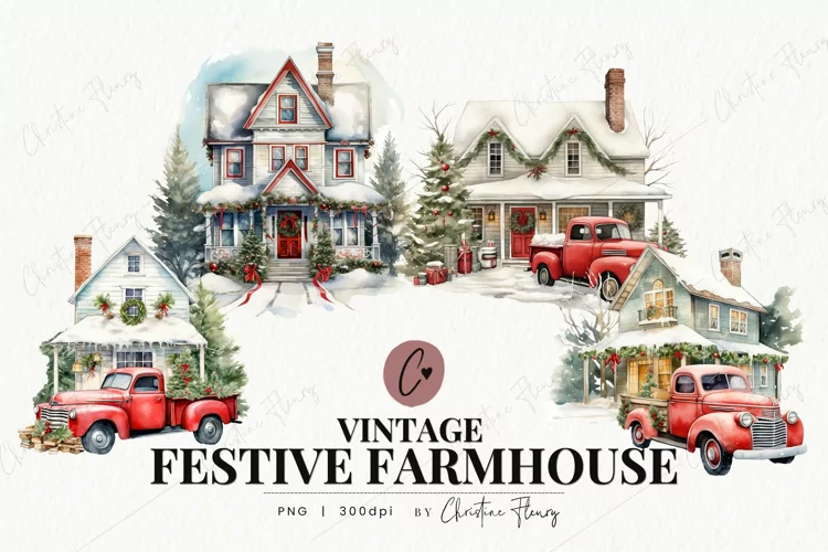 Vintage Festive Farmhouse Clipart | Farm PNG