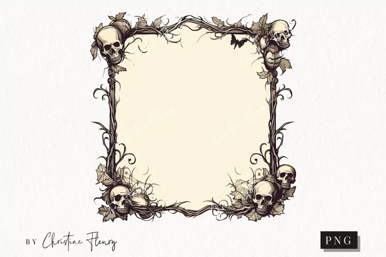 Vintage Goth Frame with Skulls Clipart | Halloween PNG