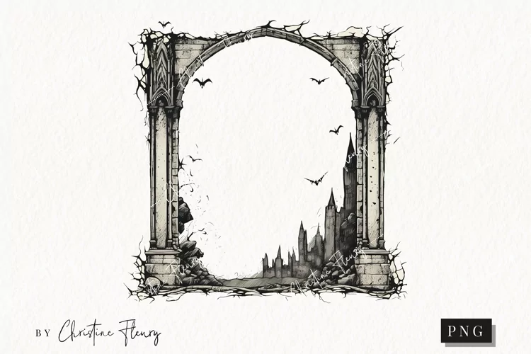Vintage Gothic Frame Scene Clipart | Halloween PNG